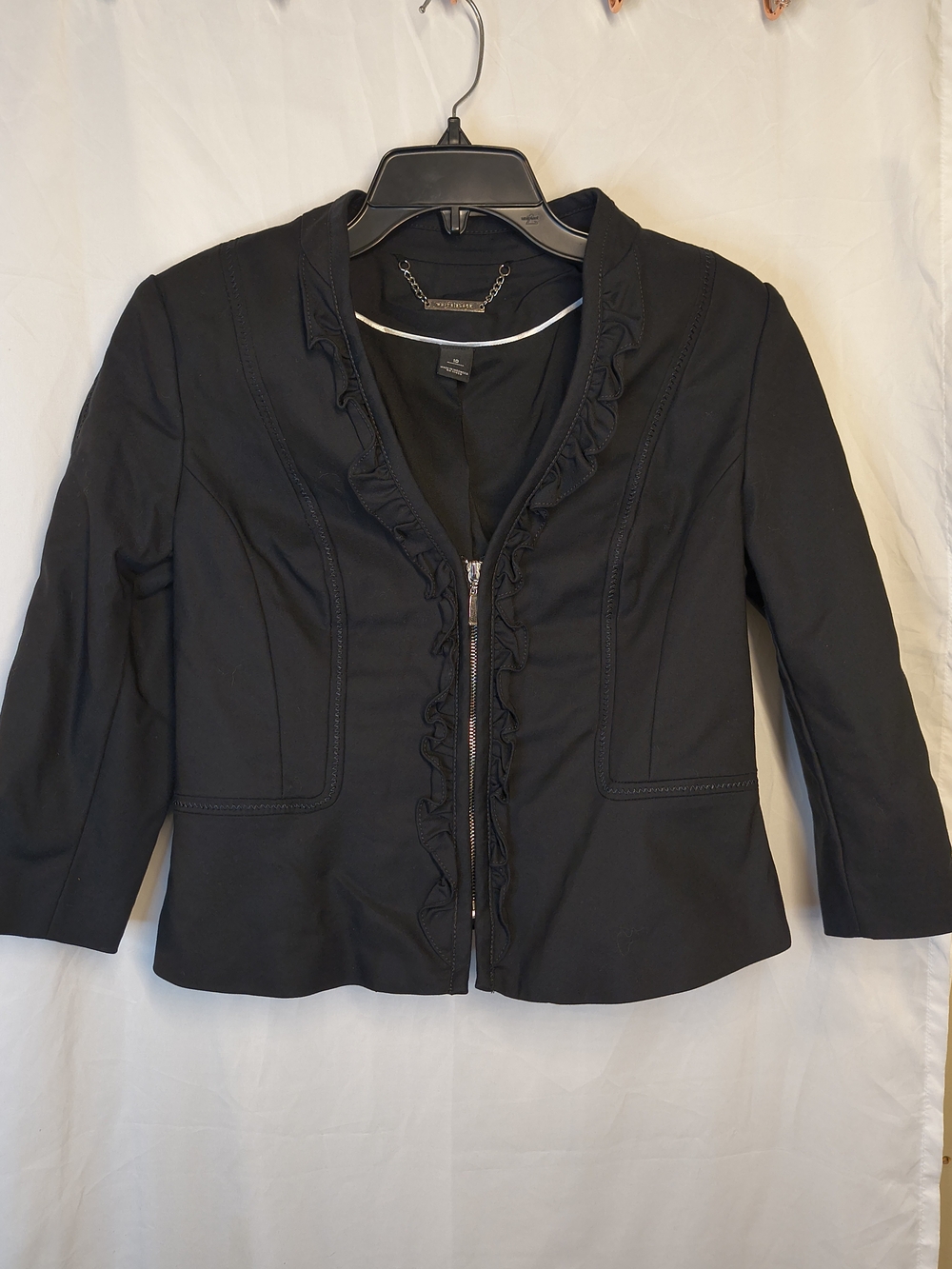 White House Black Market Black Ruffle-Trim Zip Front Blazer Jacket